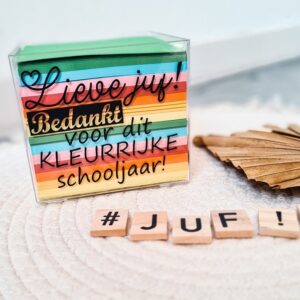 Memoblokhouder met post-it papieren met de tekst: Lieve juf, bedankt voor het kleurrijke schooljaar.