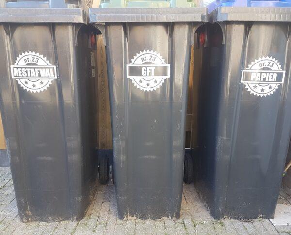 Containersticker stempel met huisnummer in drie varianten