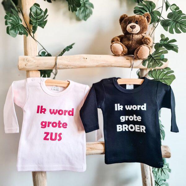 Shirt in 2 kleuren bedrukt met de tekst: ik word grote broer / zus