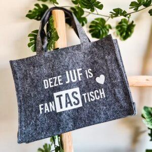 Grijze vilten tas bedrukt voor een fantastische juf