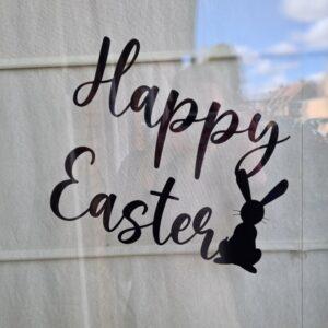 Zwarte raamsticker met de tekst: Happy Easter, speciaal voor Pasen