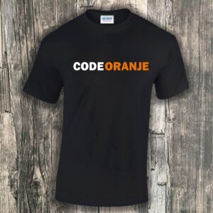 Zwart heren t-shirt met oranje en witte bedrukking Code Oranje voor Koningsdag