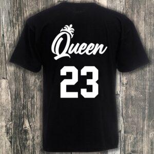 Zwart dames t-shirt met witte bedrukking Queen 23 voor Koningsdag