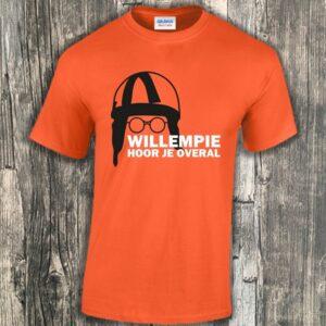 Oranje heren t-shirt bedrukt met grappige tekst: Willempie hoor je overal. Speciaal voor Koningsdag