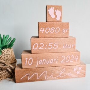 Houten stapeltoren met geboortegegevens. De stapeltoren bestaat uit 5 blokken.
