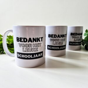 Mok bedrukt met de tekst: Bedankt voor het leuke schooljaar.