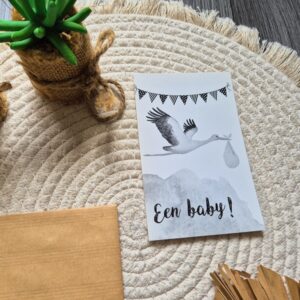 Wenskaart met een ooievaar om de ouders te feliciteren met hun baby.